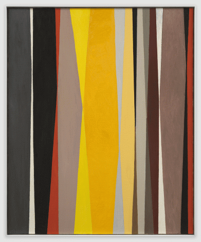 Painting in oil on canvas by Alice Trumbull Mason titledMagnitude of Regions and created in 1962. Vertical rectangle in shape and 42 x 39 inches in size.  Vertical forms in ocher, yellow, black, grey, red and brown