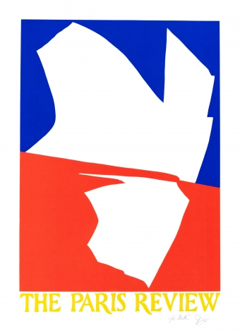 A Jack Youngerman poster for the Paris Review.  White abstract form on blue and red ground with "The Paris Review" written in yellow script