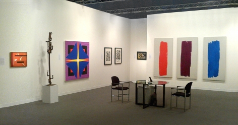 (from left) Alice Trumbull Mason, "Fire Festival," 1951, oil on rayon, 16 x 20 in., Richard Stankiewicz, Untitled, n.d., steel, 67 x 8 x 9 in., Jack Youngerman, "Bluefoil," 2011, oil on Baltic birch plywood, 60 x 60 in., Two signed screenprints from 1951 by Jackson Pollock, Untitled (After CR#340), Untitled (After CR#333), Jackson Pollock, Untitled (Equine III), c. 1944, oil on canvas, 13 x 18 in. CR#119, Ray Parker, Untitled (Triptych), 1963, oil on canvas, each canvas: 74 x 36 in., overall: 74 x 138 in.