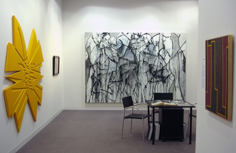(From Left) &quot;Crosscut II,&quot; 2003, oil on Baltic Birch plywood, 76 x 80 x 1 1/4 in., Nicolas Carone,&nbsp;Untitled, 2008, acrylic on canvas, 84 x 120 in., Myron Stout,&nbsp;Untitled, 1950 (April 13), oil on canvasboard, 20 x 16 in.