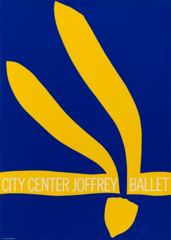 A Jack Youngerman poster for City Center Joffrey Ballet.  Yellow abstracted Icarus figure form falling against a dark blue ground with "City Center Joffrey Ballet" written across figure's outstretched arms