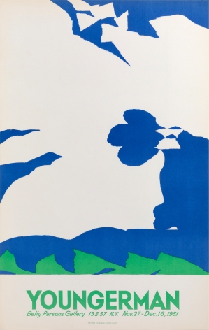 A Jack Youngerman poster for his exhibition at Betty Parsons.  White and green abstract forms on blue ground.