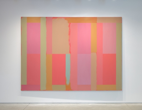 A painting by Doug Ohlson. Areas of color in pinks, ochers, tans and a swath of light blue in the lower center