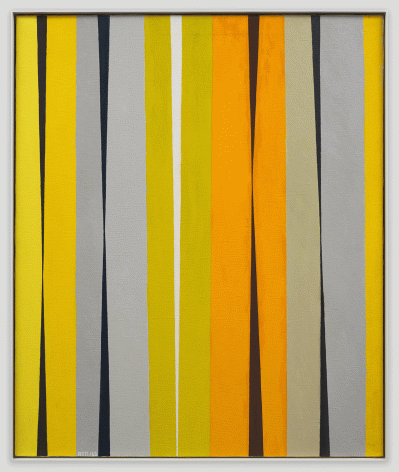 Painting in oil on canvas by Alice Trumbull Mason titled The Saffron Pitch and created in 1963. Vertical rectangle in shape and 36 x 30 inches in size. Ocher, black, grey and green in color