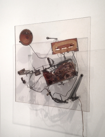 Jean Tinguely, Untitled, 1962, Steel, wire, electric motor, transistor radio, light bulb, lucite, 24 x 24 x 6 3/4 in.