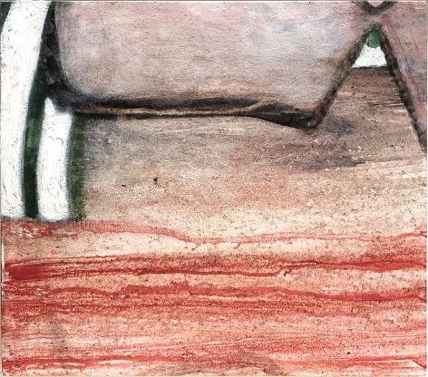 A painting by Claude Carone titled "To Enter" with deep red horizontal brush strokes across the bottom of the composition, with abstract sand-colored fleshy forms
