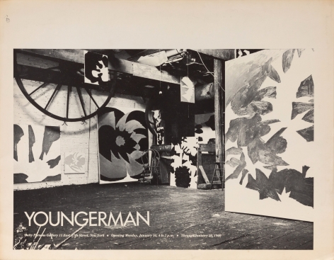 A Jack Youngerman poster for his exhibition at Betty Parsons.  Black and white photo of the artist's studio, large abstract paintings lean against the walls