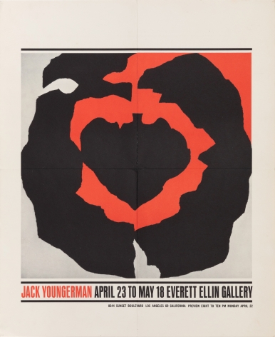 A Jack Youngerman poster for his exhibition at Everett Ellin Gallery.  Red and black abstract form.