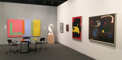 (from Left) Doug Ohlson, "Bridgehampton," 1987-88, acrylic and oil on canvas, 60 x 108 in., Jack Youngerman, "Pearl Gemini," 1993-2014, polystyrene resin sprayed with pearlescent paint, 38 x 18 x 18 in., Jackson Pollock, Untitled (After CR340), 1951, screenprint, ed. 16/25, 29 x 23 in., Myron Stout, Untiled, 1950 (April 13), oil on canvasboard, 20 x 16 in., Jack Youngerman, Untitled, c. 1961, oil on canvas, 25 5/8 x x 21 1/4 in., Ilya Bolotowsky, "Umber," 1938-39, oil on canvas, 44 x 60 in.