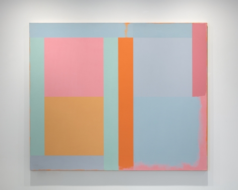 A painting by Doug Ohlson. Areas of color in light blue, ocher, teal, orange, and pink