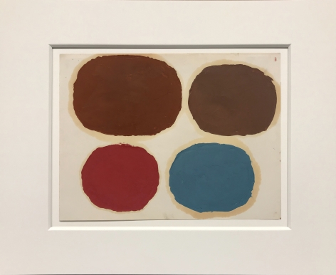 Painting on paper by Ray Parker with four circular forms in brown, red and blue over a beige ground