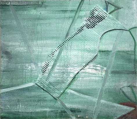 A painting by Claude Carone with large cadboard collage element occupying the center of the composition painted with strokes and veils of of green and white