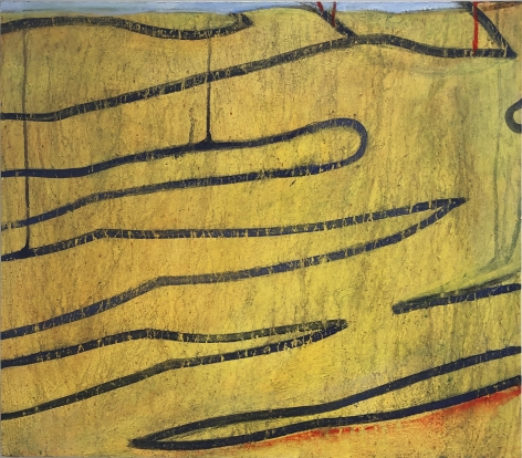 A painting by Claude Carone titled "Yellowscape" with a yellow ground and blue lines zig and zag down the composition towards a swath of red