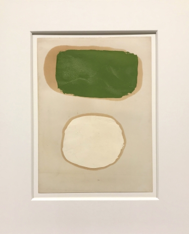 Painting on paper by Ray Parker with a green horizontal form over a cream circular form