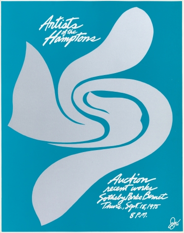 A blue and grey poster by Jack Youngerman advertising "Artists of the Hamptons," an auction at Sotheby's Parke Bernet.