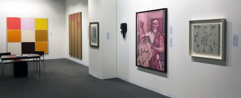 (from left) Ray Parker, Untitled (No. 396), 1964, oil on canvas, 81 x 82 in.; Doug Ohlson, acrylic on canvas, 90 x 87 in. overall (four panels); John Graham, Study for Marya, 1945, gouache, graphite and chalk on vellum; Bete mask with beard, late 19th century, wood, horse hair, pigment, metal, 20 x 6 3/4 x 7 1/4 in. Courtesy the Renee & Chaim Gross Foundation; JOhn Graham, Poussin m'instruit, 1944, oil on canvas, 60 x 48 in.; Jackson Pollock, Silver Square, c. 1950, oil on rough side of masonite, 22 1/4 x 22 1/4 in. CR291