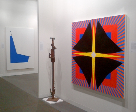 (from left) Leon Polk Smith, "Space with Blue," 1990, acrylic on canvas, 80 x 56 1/4 in., Richard Stankiewicz, "Stick Figure," 1955, steel, 67 x 8 x 9 in., Jack Youngerman, "Blackfoil," 2011, oil on Baltic birch plywood, 59 3/4 x 59 3/4 in.