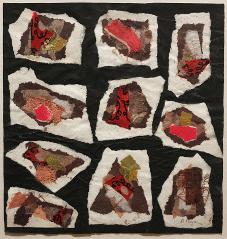 Abstract collage by Anne Ryan from circa 1948 to 1954 with torn paper with torn pieces of white silk on a black ground