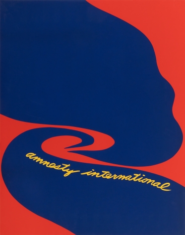 A Jack Youngerman poster for Amnesty International.  Blue abstract form on red ground with "Amnesty International" written in yellow script