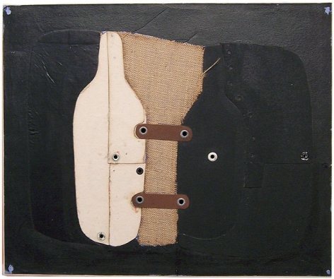 Untitled #3, c. 1965, oil, canvas, grommets, burlap collage on canvas, 21 x 25 3/8 in. by Conrad Marca-Relli