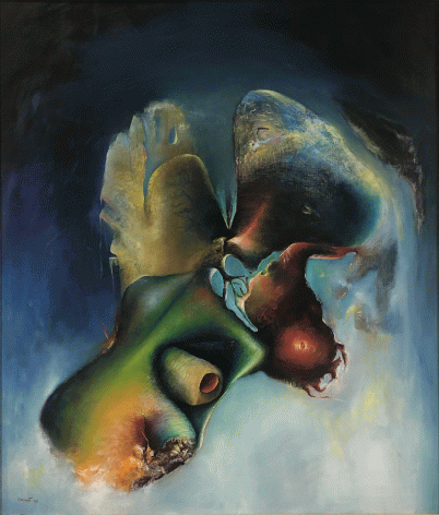 A painting by Enrico Donati. A surreal mandragora root against a hazy blue ground