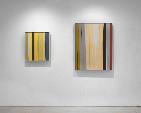 Two paintings by Alice Trumbull Mason installed in the Washburn Gallery comprised of vertical stripes in ochers, grays, blues, blacks, whites, and reds.