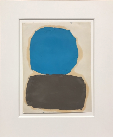 Painting on paper by Ray Parker with a blue circular form over a grey horizontal form