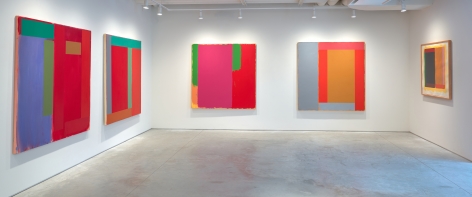 Installation view of the exhibition, "Doug Ohlson: Paintings from the 1980s" at the Washburn Gallery.  Five abstract paintings hanging on white walls.