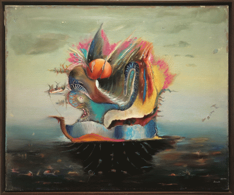A painting by Enrico Donati. A surreal multi-colored boat floating on a black sea against a peaceful sky