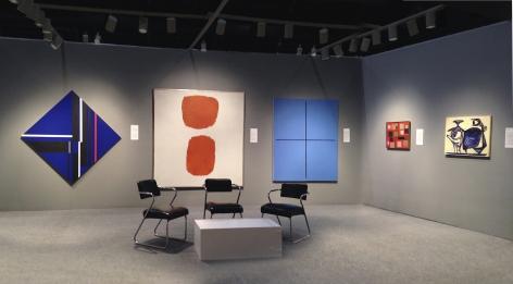 from left) Ilya Bolotowsky, "Deep Blue Diamond," June 1978, acrylic on canvas, 48 x 48 in., Ray Parker, Untitled (No. 88), 1962, oil on canvas, 74 x 70 in., Leon Polk Smith, "Event in Blue," 1994, oil on canvas, 66 x 54 in., Alice Trumbull Mason, "#1 Towards a Paradox," 1969, oil on canvas, 19 x 22 in., David Smith, Untitled (Two Bony Figures), 1946, oil on paperboard, 23 1/4 x 30 in.
