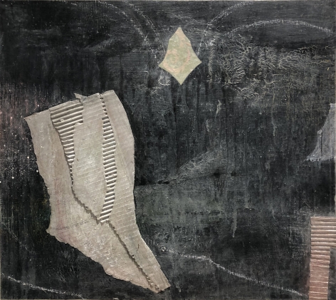 A painting by Claude Carone with cardboard and wallpaper collage elements laid over black ground