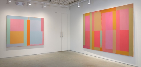 Installation view of the exhibition, "Doug Ohlson: Paintings from the 1980s" at the Washburn Gallery.  Two abstract paintings hanging on white walls.