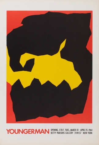 A Jack Youngerman poster for his exhibition at Betty Parsons.  Black and yellow abstract forms on a red ground.