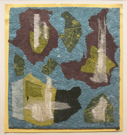 Abstract collage by Anne Ryan from circa 1948 to 1954 comprised of torn pieces of green, blue and purple torn paper with elements of white silk