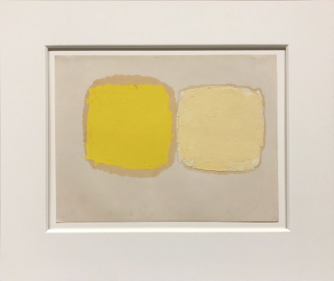 Painting on paper by Ray Parker with two yellow forms on a beige ground