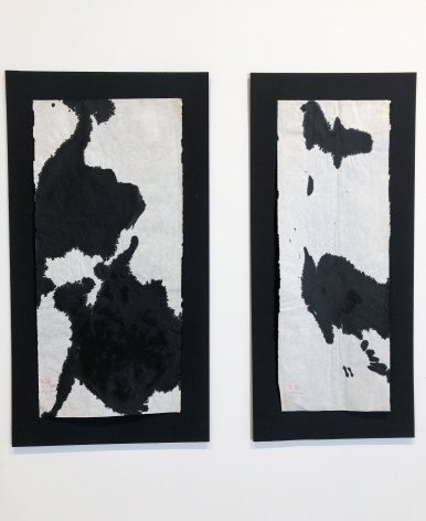 Two black ink drawings on white paper by Richard Stankiewicz mounted on black matts