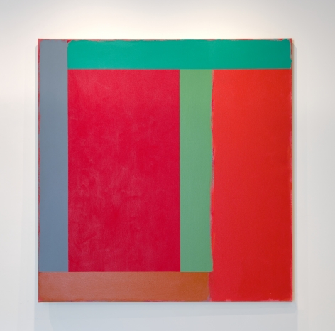 A painting by Doug Ohlson. Large areas of color in red, green, orange, grey and brown.