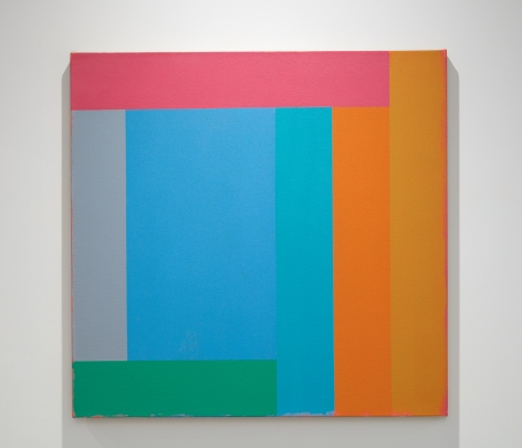 A painting by Doug Ohlson. Areas of color in blue, ochers, orange, green, and grey