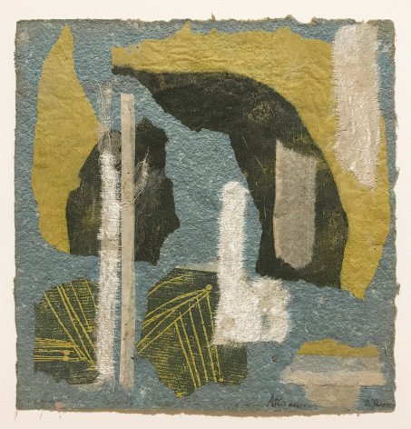 Abstract collage by Anne Ryan from circa 1948 to 1954 comprised of green and blue torn paper with torn pieces of white silk