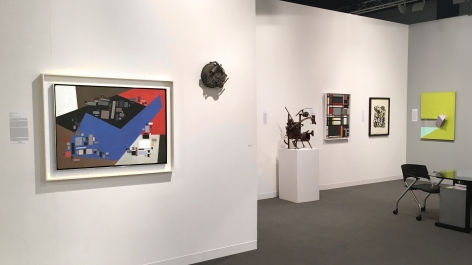 (from left) Alice Trumbull Mason, "Small Forms Serving Against Large," 1949, oil on panel, 26 1/4 x 36 1/4 in., Richard Stankiewicz, "On Schedule," 1956, welded found metal objects, 10 x 10 x 5 3/4 in., Richard Stankiewicz, Untitled (1952-12), 1958, welded steel and forund metal objects, 29 1/4 x 23 3/4 x 18 in., Ilya Bolotowsky, "City Rectangle," 1948, oil on canvas, 34 x 26 in., Jackson Pollock, Untitled (After CR#333), 1951, screenprint, ed. 16/25, 29 x 23 in. CR1093 (P29), Charles Hinman, "Ludlow," 2008, acrylic on non-woven acrylic fiber on wood with plexiglass, 40 x 30 x 10 in.