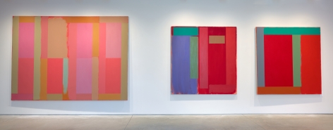 Installation view of the exhibition, "Doug Ohlson: Paintings from the 1980s" at the Washburn Gallery.  Three abstract paintings hanging on white walls.