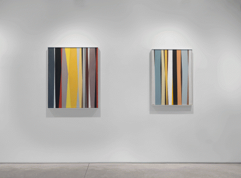 Two paintings by Alice Trumbull Mason installed in the Washburn Gallery comprised of vertical stripes in ochers, grays, blues, blacks, whites, and reds.