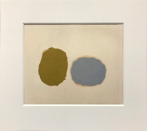A painting on paper by Ray Parker, two forms in green and blue on a beige ground
