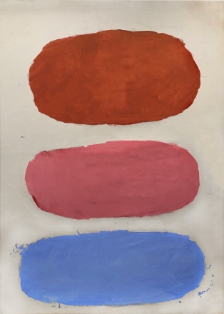 Painting by Ray Parker with red, pink, and blue oval forms over an off-white ground